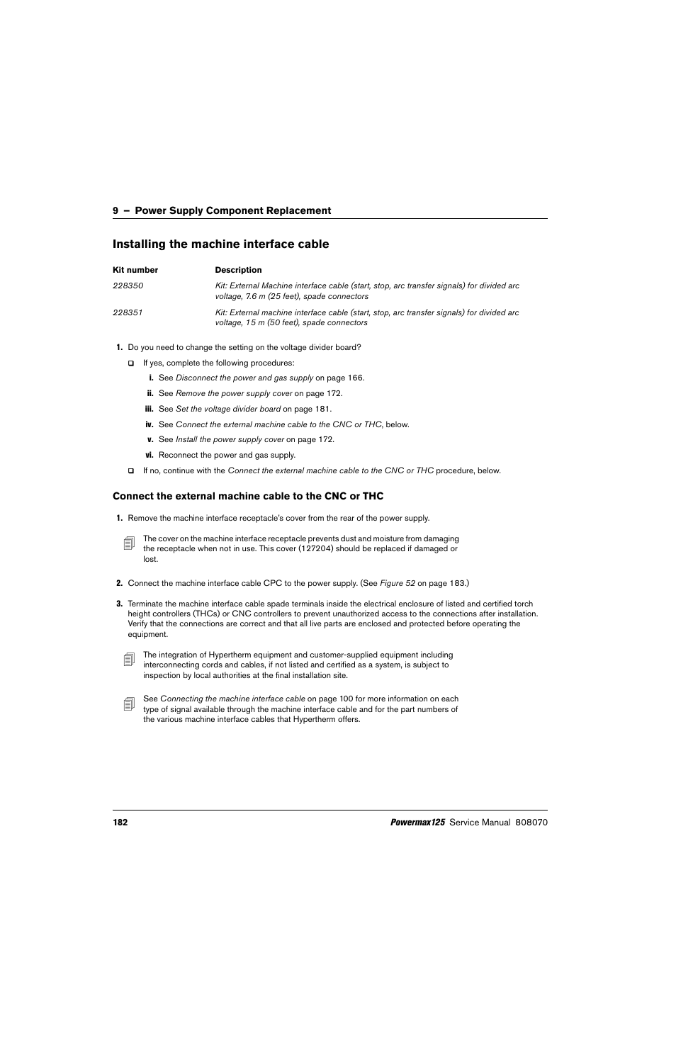 Installing the machine interface cable | Hypertherm Powermax125 Service Manua User Manual | Page 182 / 317