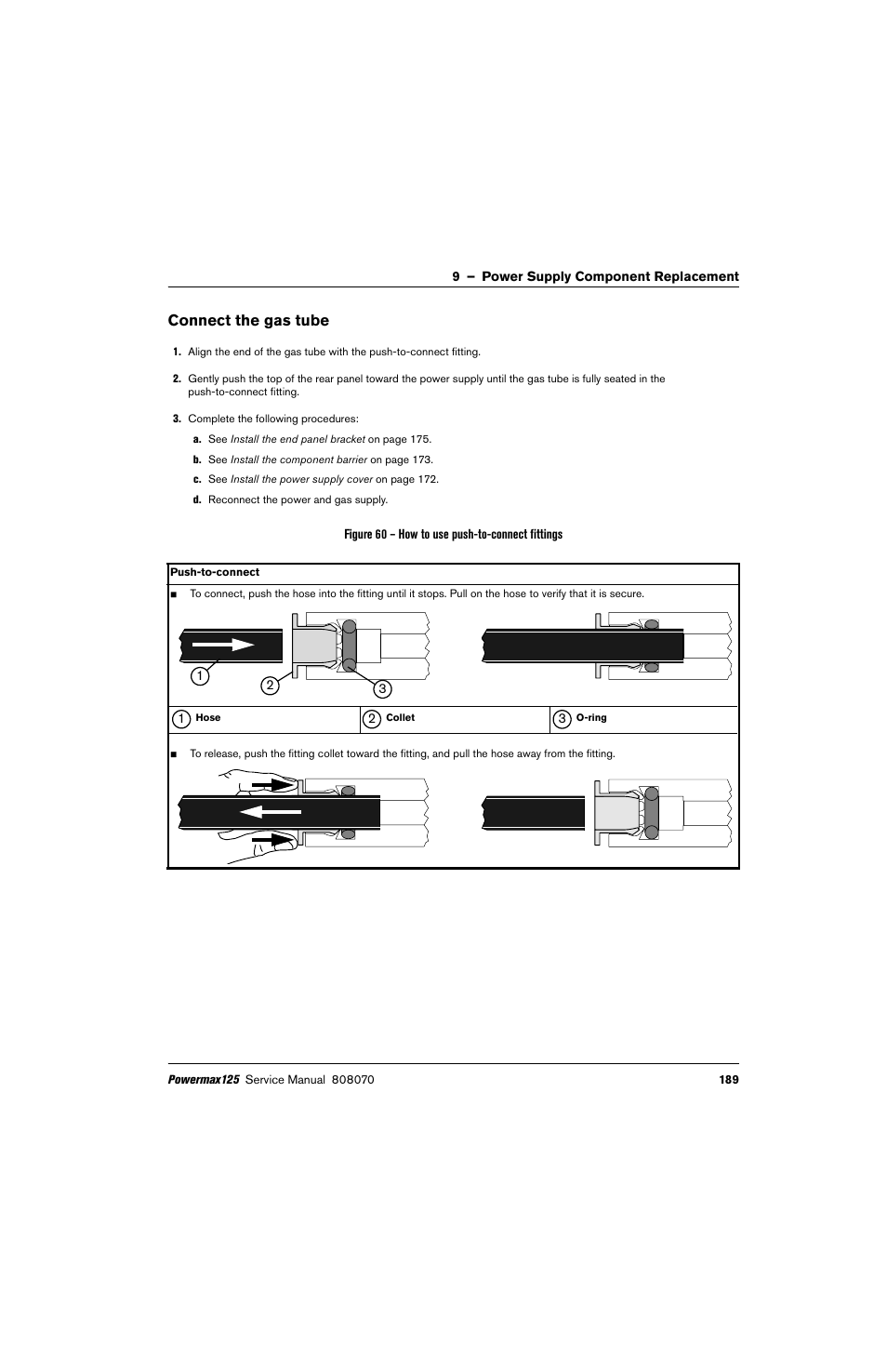 Connect the gas tube, El. (see figure 60 | Hypertherm Powermax125 Service Manua User Manual | Page 189 / 317