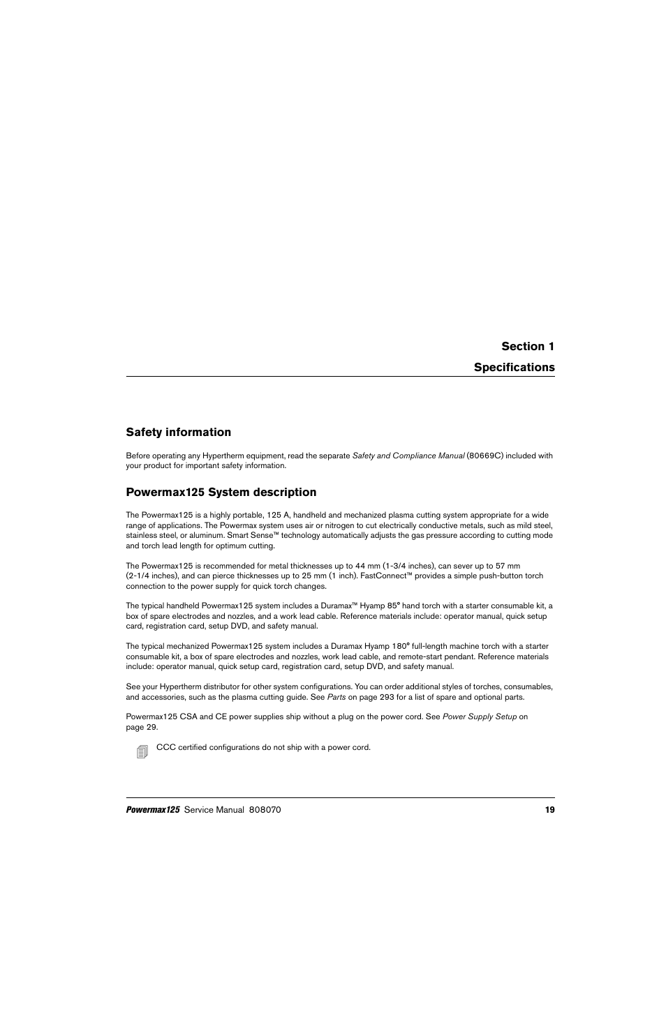 Specifications, Safety information, Powermax125 system description | Hypertherm Powermax125 Service Manua User Manual | Page 19 / 317