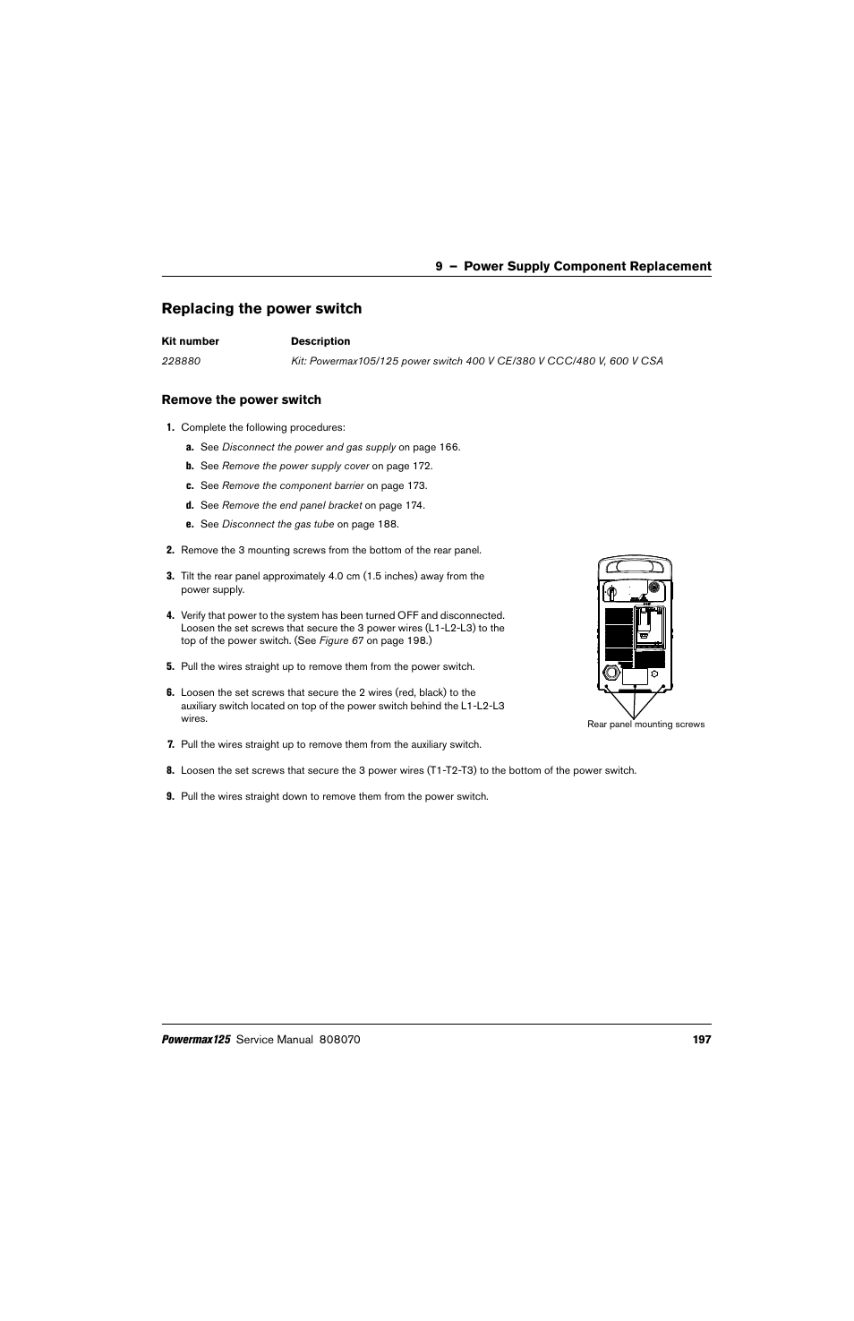 Replacing the power switch, Remove the power switch | Hypertherm Powermax125 Service Manua User Manual | Page 197 / 317