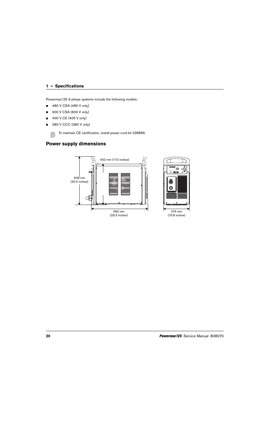 Power supply dimensions | Hypertherm Powermax125 Service Manua User Manual | Page 20 / 317