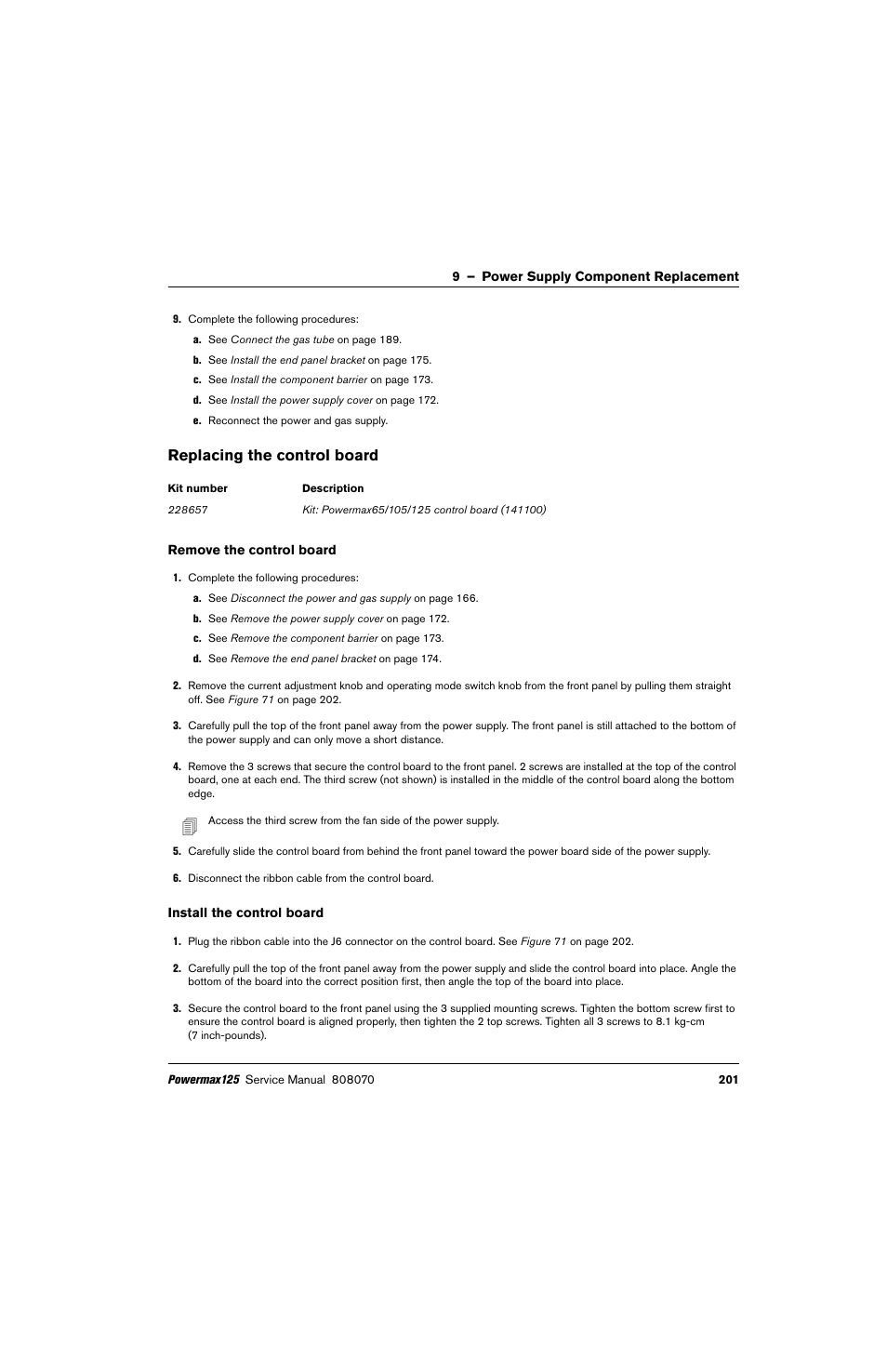 Replacing the control board, Remove the control board, Install the control board | Hypertherm Powermax125 Service Manua User Manual | Page 201 / 317