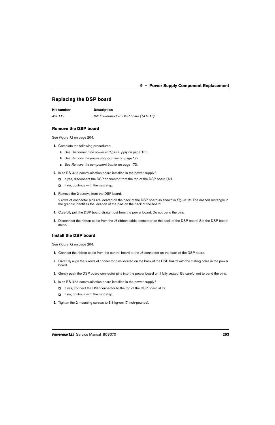 Replacing the dsp board, Remove the dsp board, Install the dsp board | Hypertherm Powermax125 Service Manua User Manual | Page 203 / 317