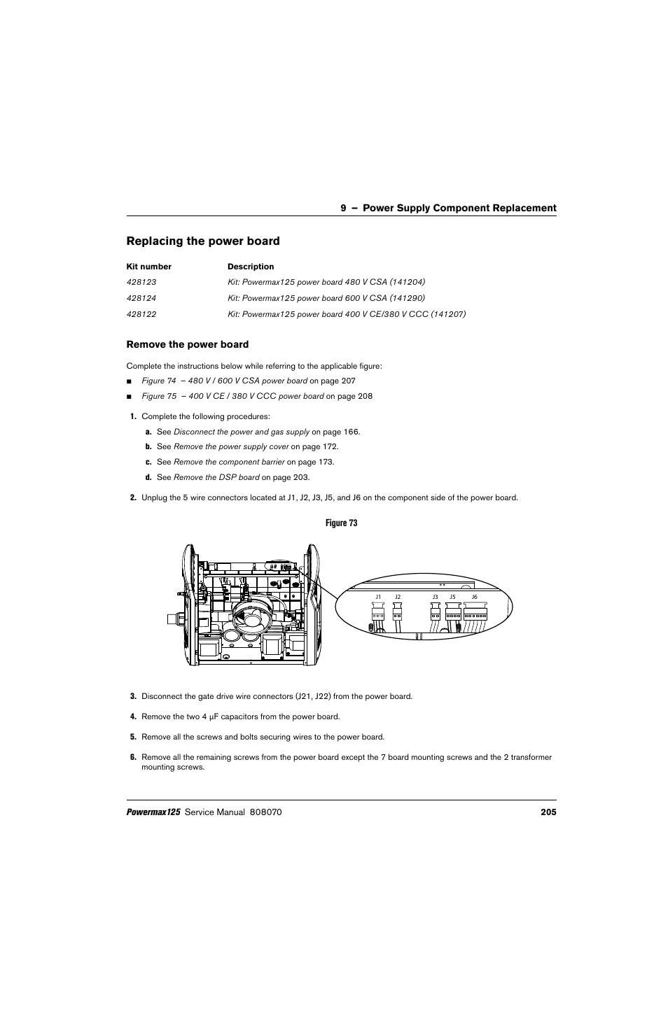 Replacing the power board, Remove the power board, G. (see | Hypertherm Powermax125 Service Manua User Manual | Page 205 / 317