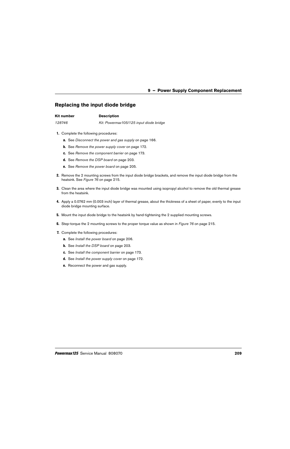 Replacing the input diode bridge | Hypertherm Powermax125 Service Manua User Manual | Page 209 / 317