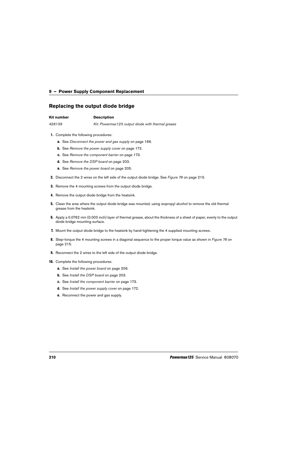 Replacing the output diode bridge | Hypertherm Powermax125 Service Manua User Manual | Page 210 / 317