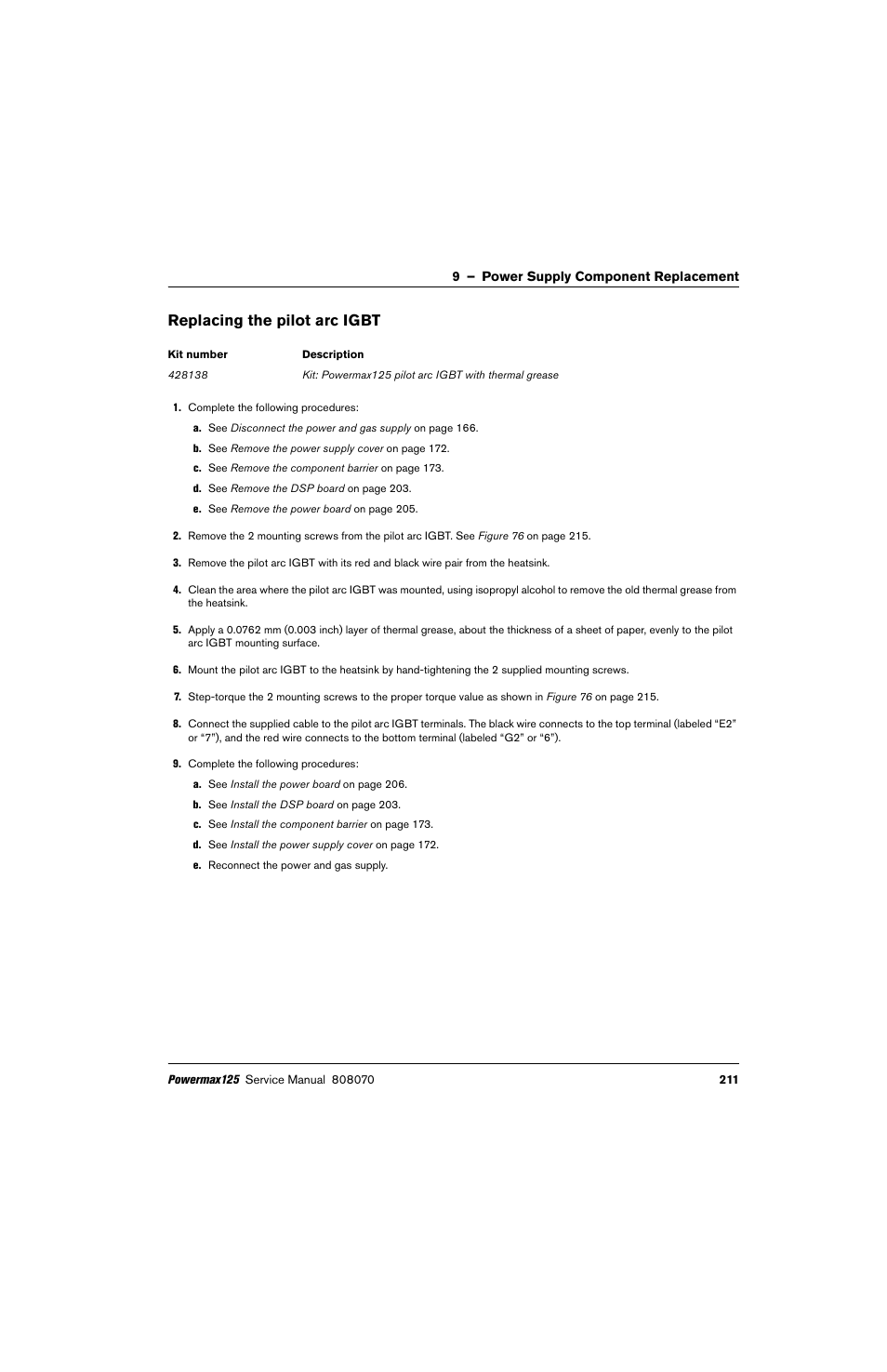 Replacing the pilot arc igbt | Hypertherm Powermax125 Service Manua User Manual | Page 211 / 317