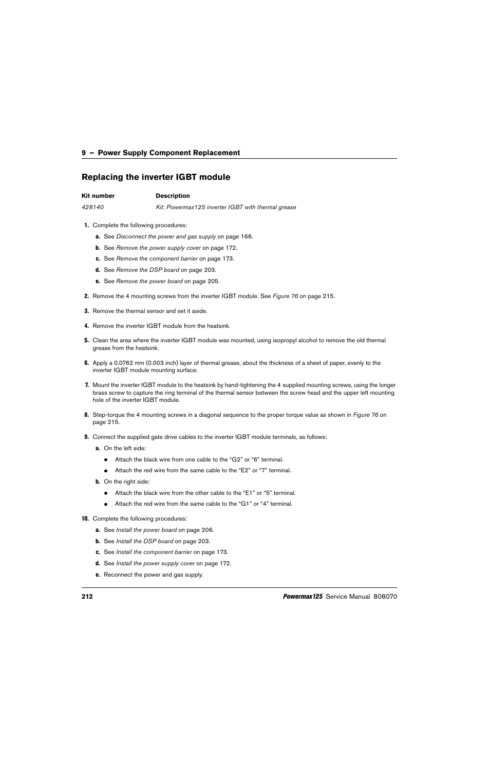 Replacing the inverter igbt module | Hypertherm Powermax125 Service Manua User Manual | Page 212 / 317