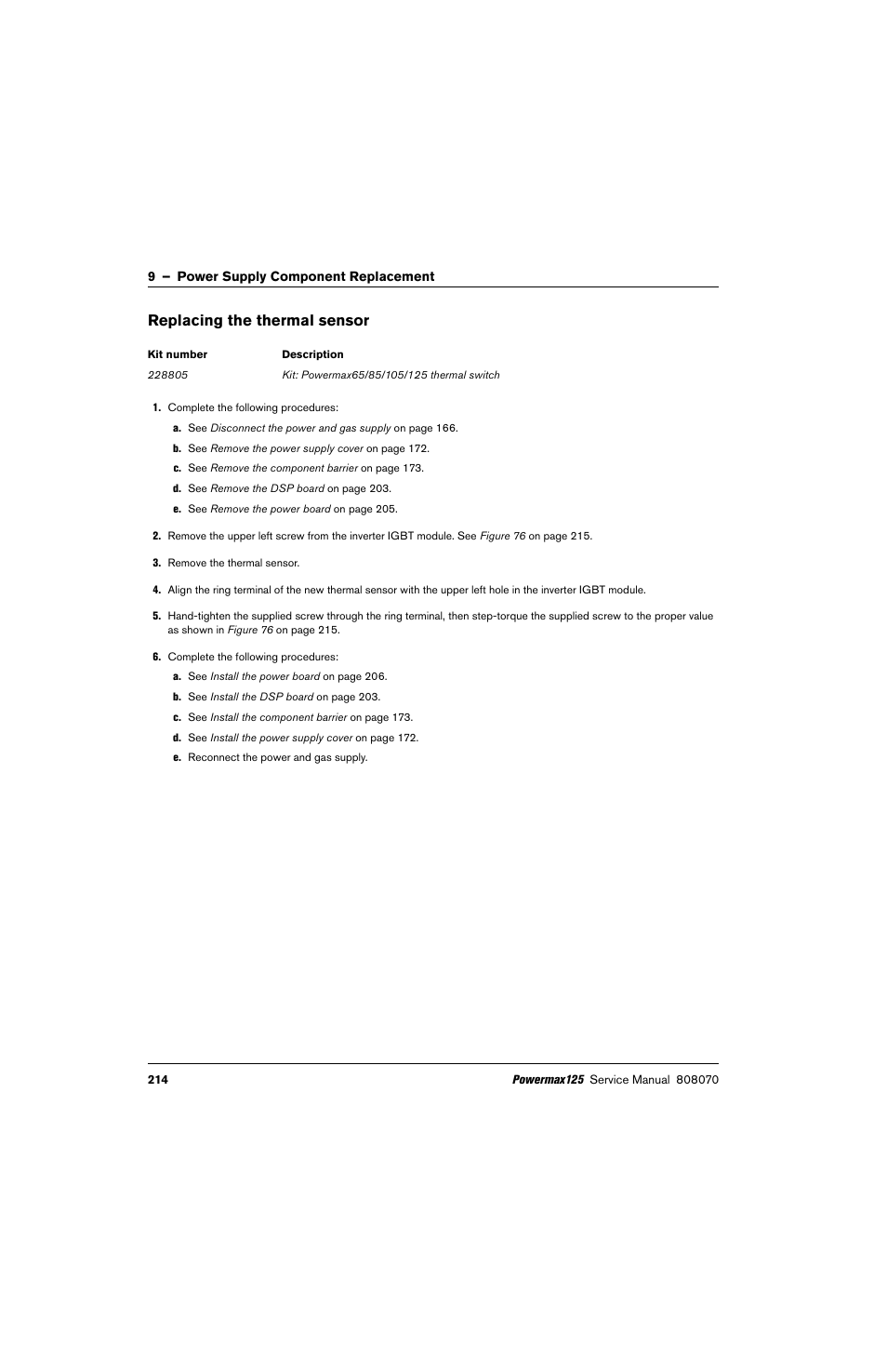 Replacing the thermal sensor | Hypertherm Powermax125 Service Manua User Manual | Page 214 / 317