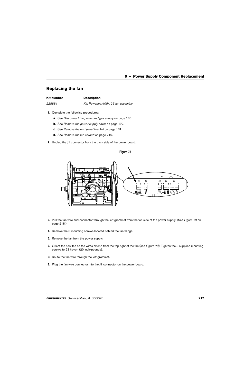 Replacing the fan | Hypertherm Powermax125 Service Manua User Manual | Page 217 / 317
