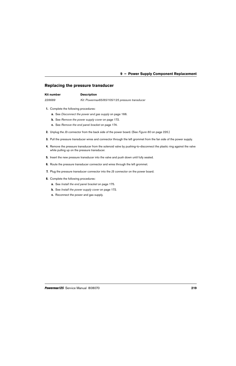 Replacing the pressure transducer | Hypertherm Powermax125 Service Manua User Manual | Page 219 / 317