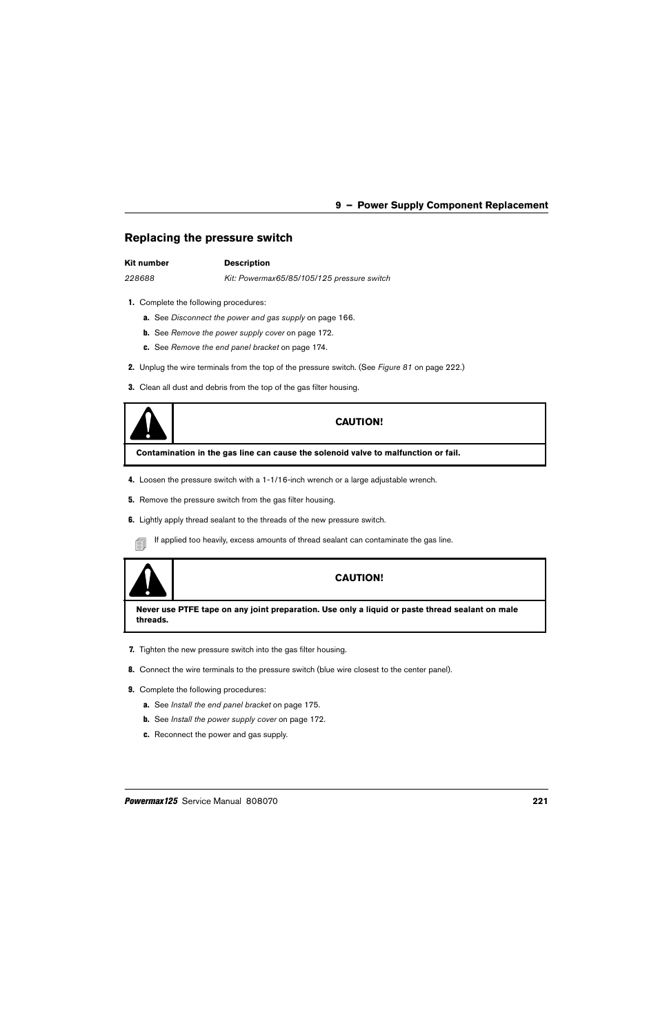 Replacing the pressure switch | Hypertherm Powermax125 Service Manua User Manual | Page 221 / 317