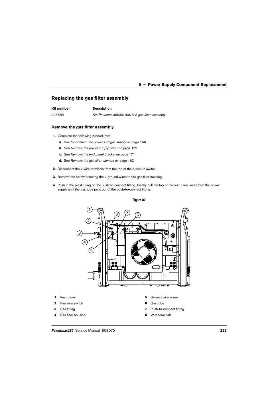 Replacing the gas filter assembly, Remove the gas filter assembly | Hypertherm Powermax125 Service Manua User Manual | Page 223 / 317