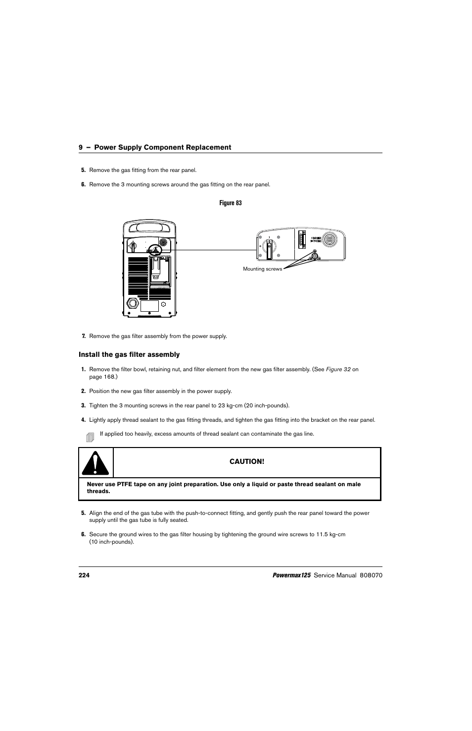 Install the gas filter assembly | Hypertherm Powermax125 Service Manua User Manual | Page 224 / 317