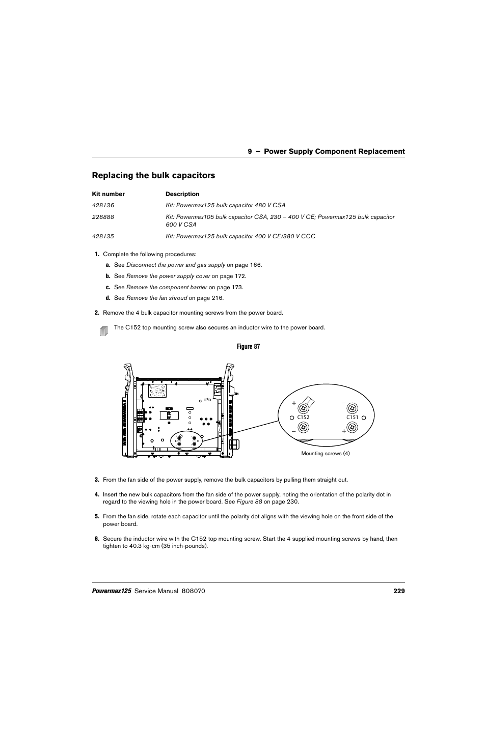 Replacing the bulk capacitors | Hypertherm Powermax125 Service Manua User Manual | Page 229 / 317