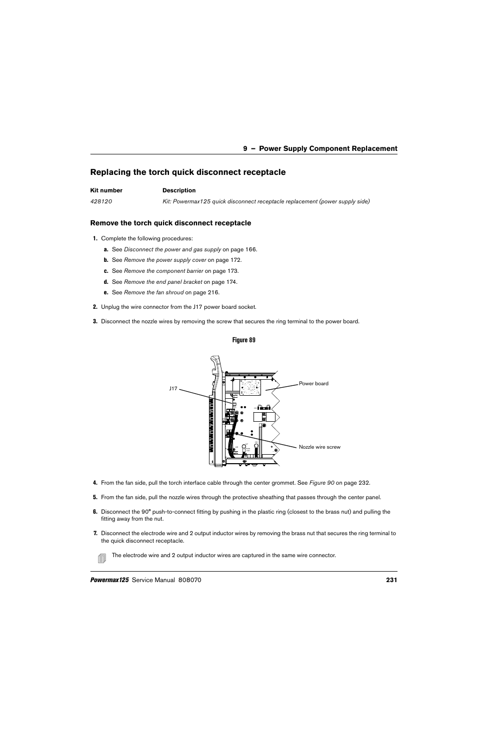 Replacing the torch quick disconnect receptacle, Remove the torch quick disconnect receptacle, 9 – power supply component replacement | Figure 89 | Hypertherm Powermax125 Service Manua User Manual | Page 231 / 317