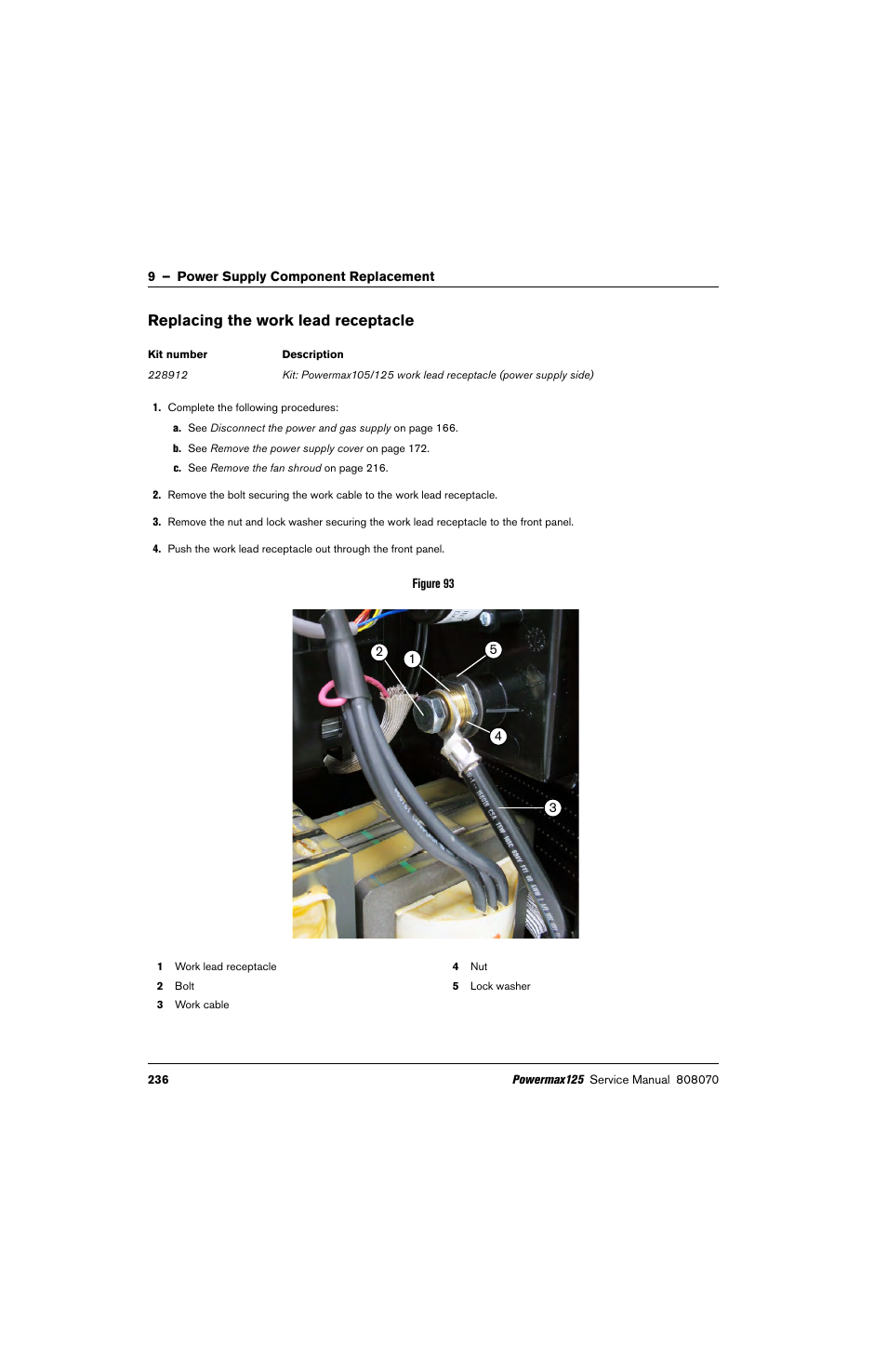 Replacing the work lead receptacle | Hypertherm Powermax125 Service Manua User Manual | Page 236 / 317