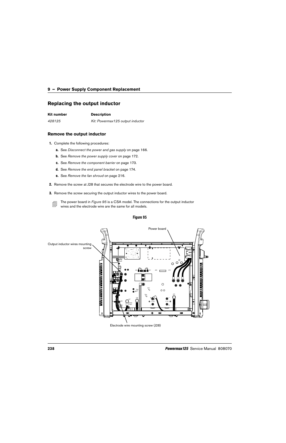 Replacing the output inductor, Remove the output inductor, 9 – power supply component replacement | Figure 95 | Hypertherm Powermax125 Service Manua User Manual | Page 238 / 317