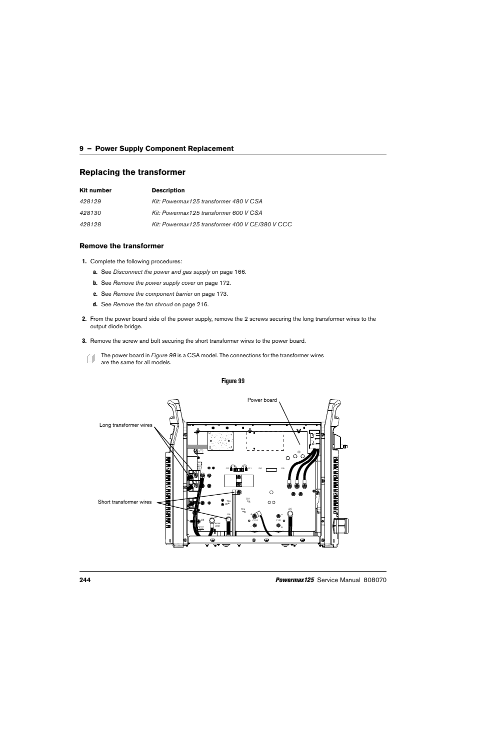 Replacing the transformer, Remove the transformer, 9 – power supply component replacement | Figure 99 | Hypertherm Powermax125 Service Manua User Manual | Page 244 / 317