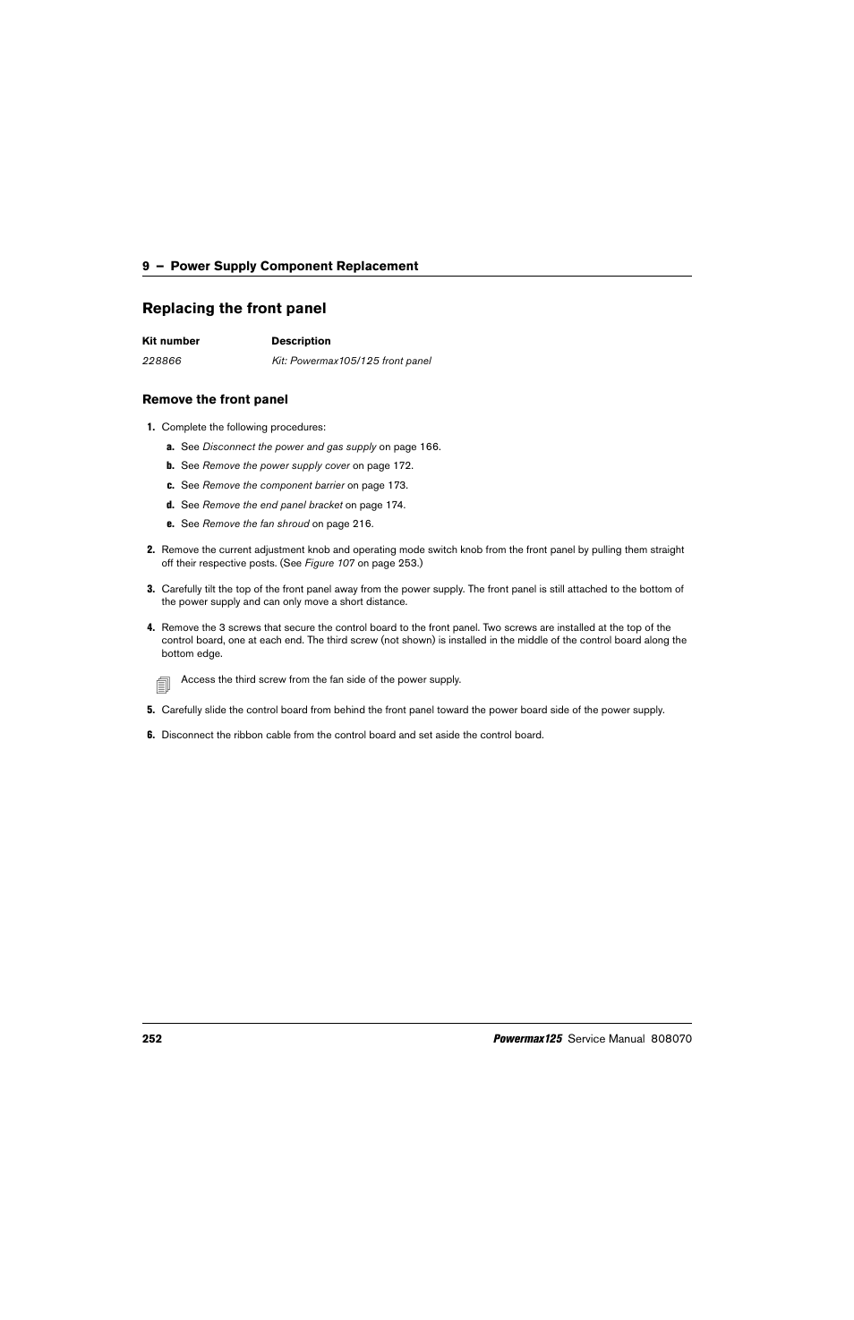 Replacing the front panel, Remove the front panel | Hypertherm Powermax125 Service Manua User Manual | Page 252 / 317