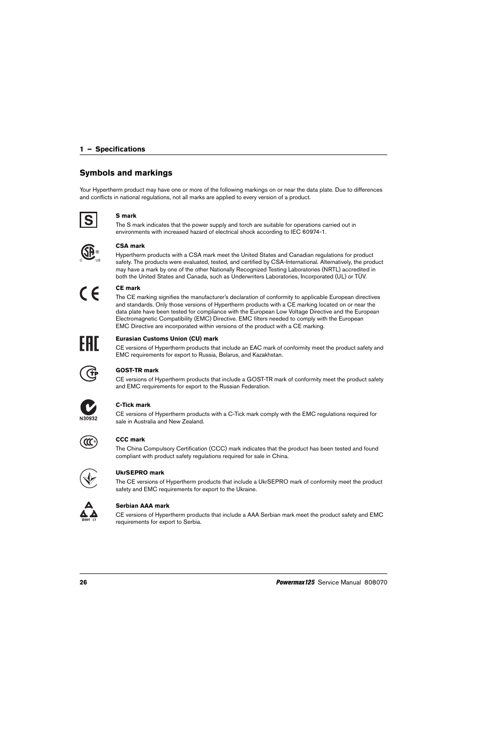 Symbols and markings | Hypertherm Powermax125 Service Manua User Manual | Page 26 / 317