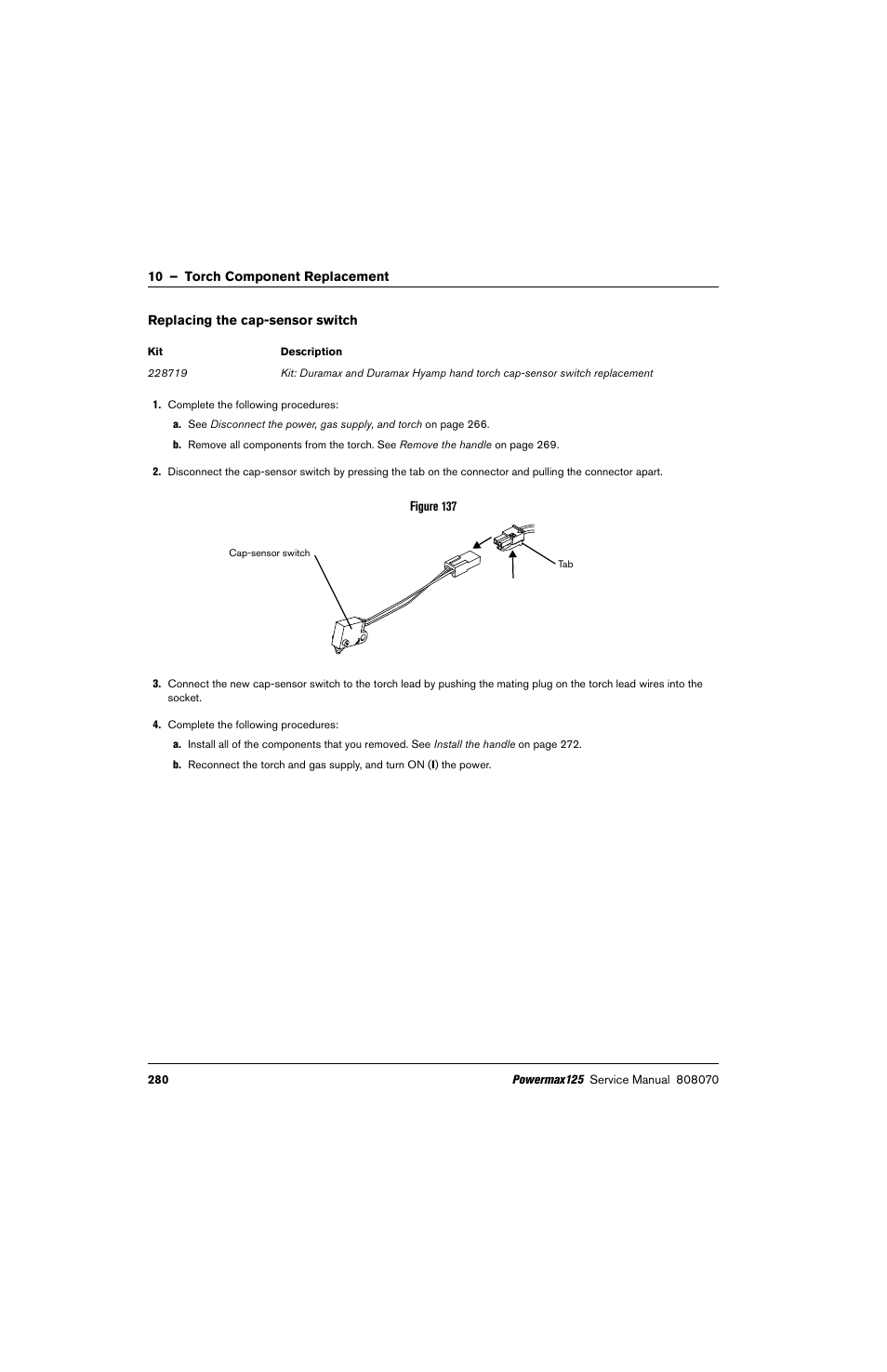 Replacing the cap-sensor switch | Hypertherm Powermax125 Service Manua User Manual | Page 280 / 317