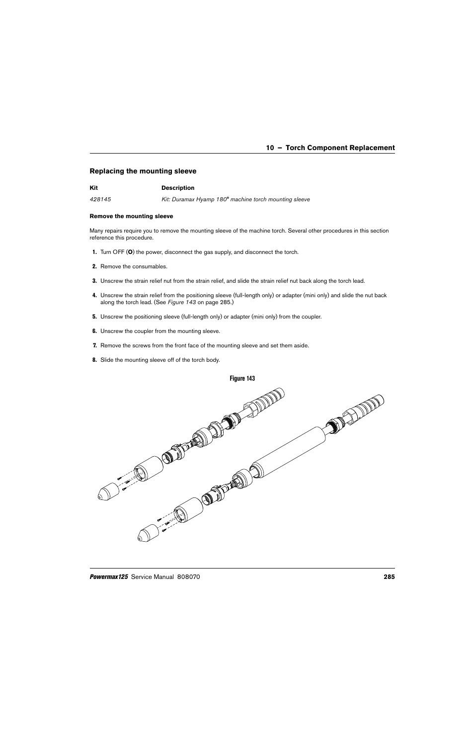 Replacing the mounting sleeve | Hypertherm Powermax125 Service Manua User Manual | Page 285 / 317