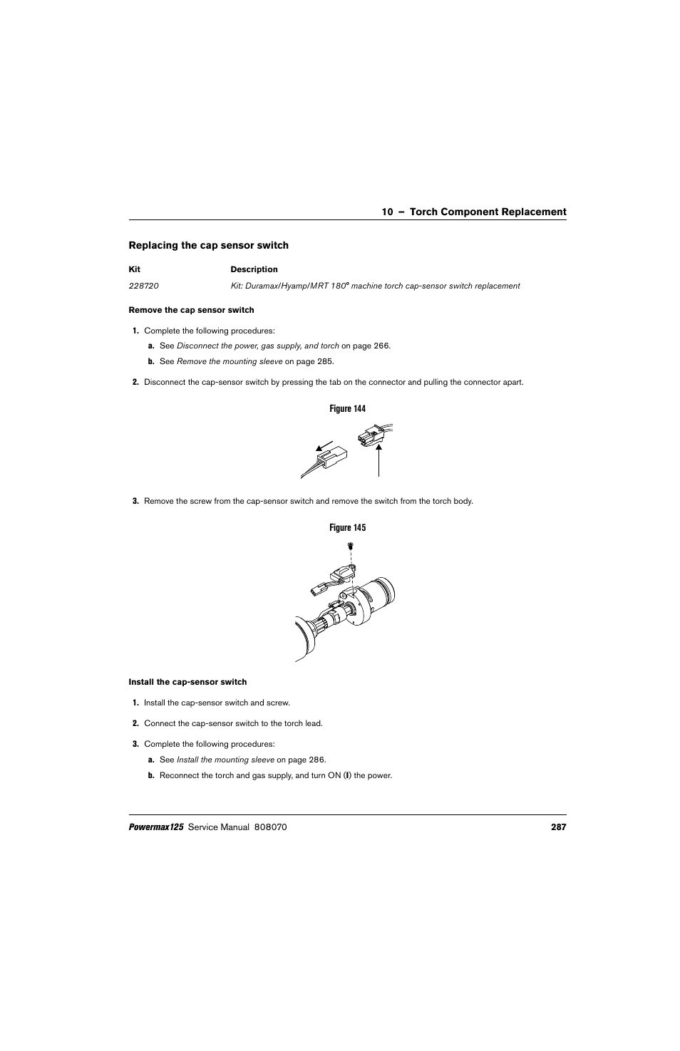 Replacing the cap sensor switch | Hypertherm Powermax125 Service Manua User Manual | Page 287 / 317