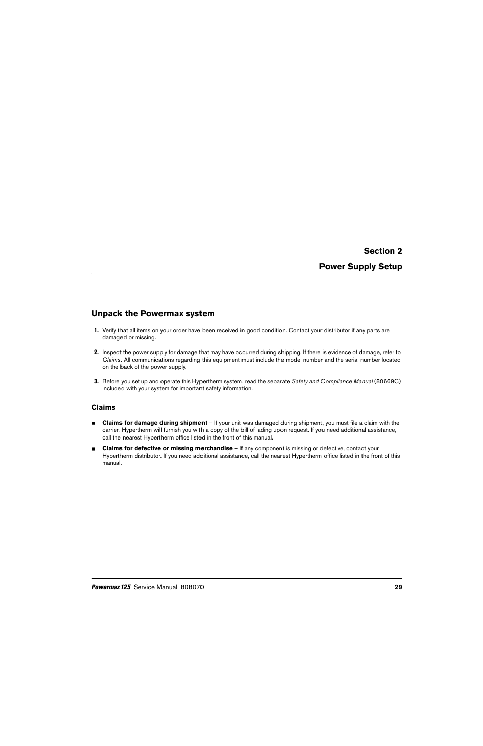 Power supply setup, Unpack the powermax system, Claims | The power cord. see, Power supply setup on | Hypertherm Powermax125 Service Manua User Manual | Page 29 / 317