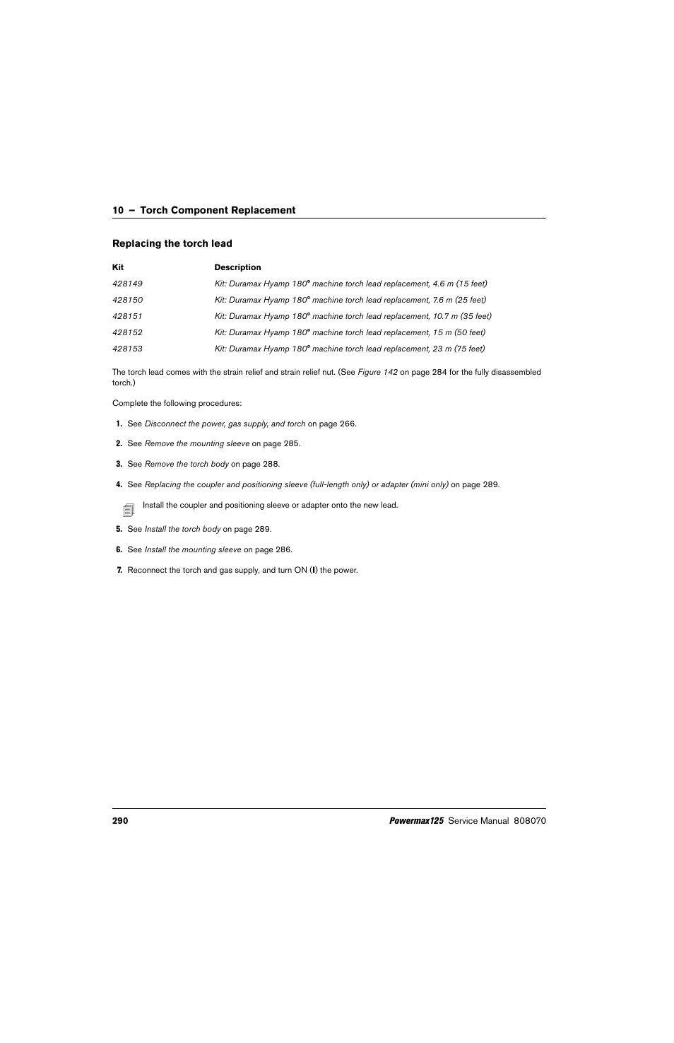 Replacing the torch lead | Hypertherm Powermax125 Service Manua User Manual | Page 290 / 317