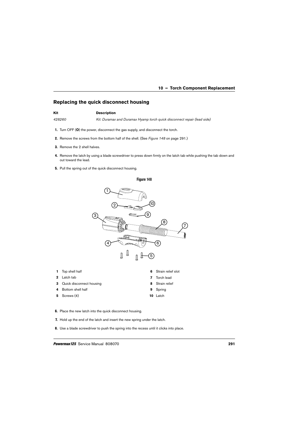 Replacing the quick disconnect housing | Hypertherm Powermax125 Service Manua User Manual | Page 291 / 317
