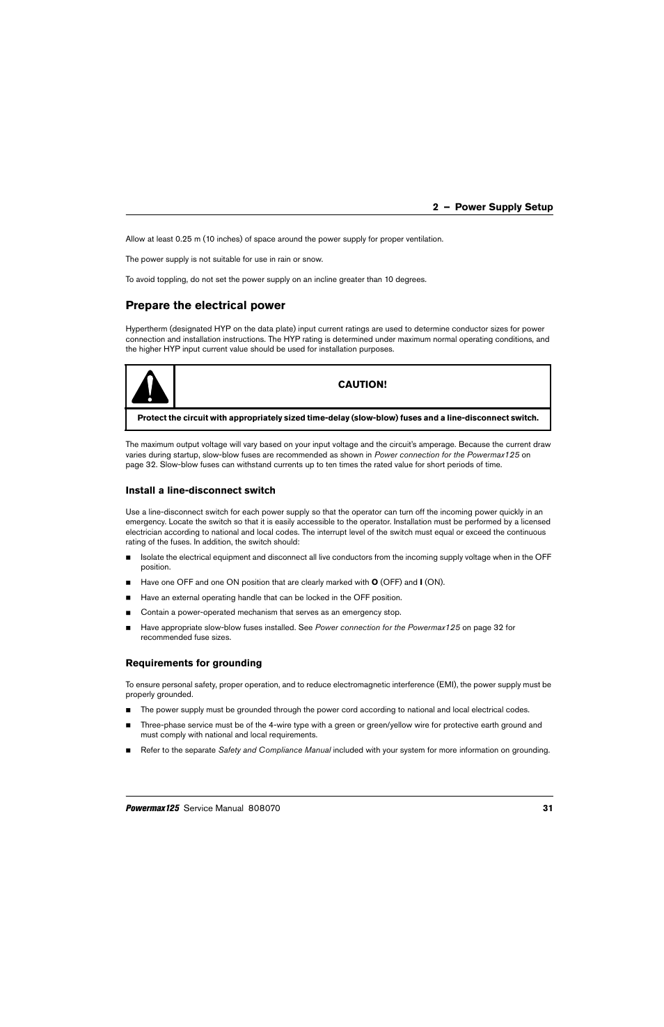 Prepare the electrical power, Install a line-disconnect switch, Requirements for grounding | Hypertherm Powermax125 Service Manua User Manual | Page 31 / 317