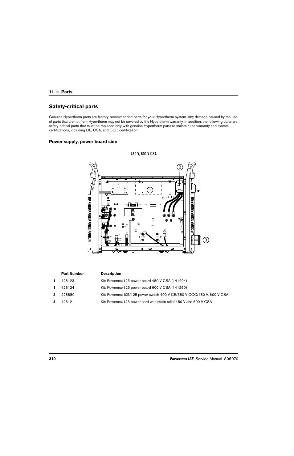 Safety-critical parts, Power supply, power board side, 11 – parts | Hypertherm Powermax125 Service Manua User Manual | Page 310 / 317