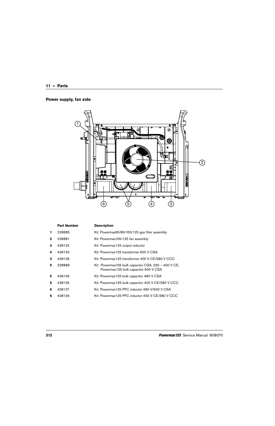Power supply, fan side | Hypertherm Powermax125 Service Manua User Manual | Page 312 / 317