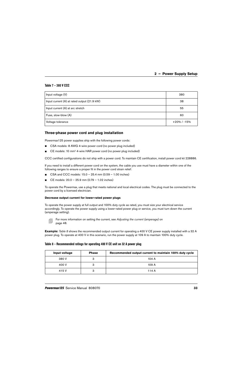 Three-phase power cord and plug installation | Hypertherm Powermax125 Service Manua User Manual | Page 33 / 317
