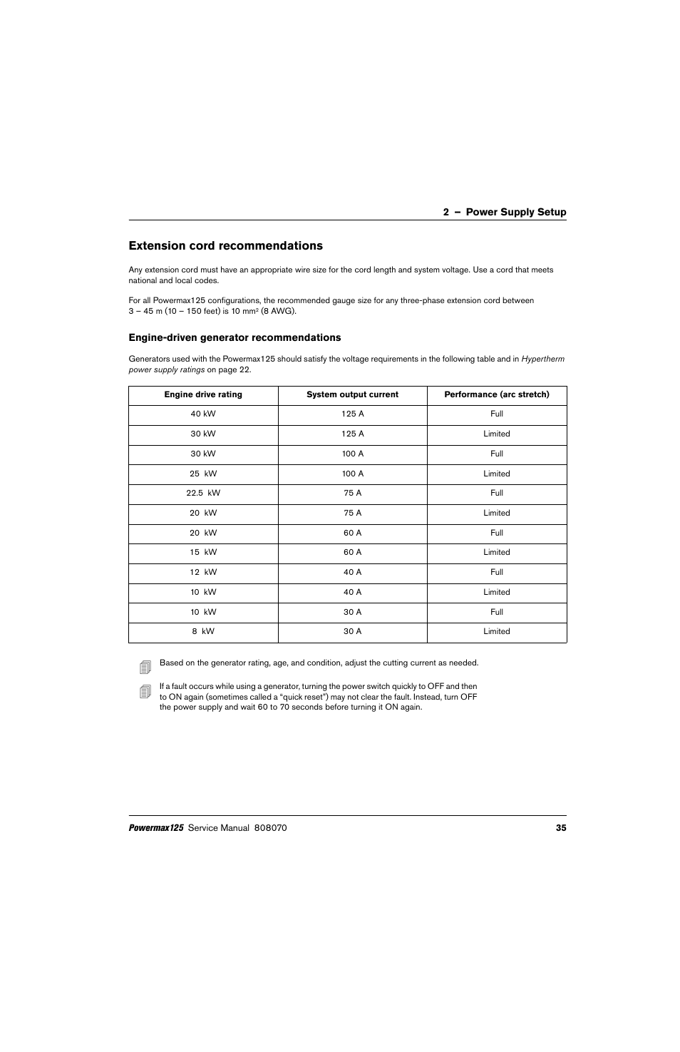 Extension cord recommendations, Engine-driven generator recommendations | Hypertherm Powermax125 Service Manua User Manual | Page 35 / 317