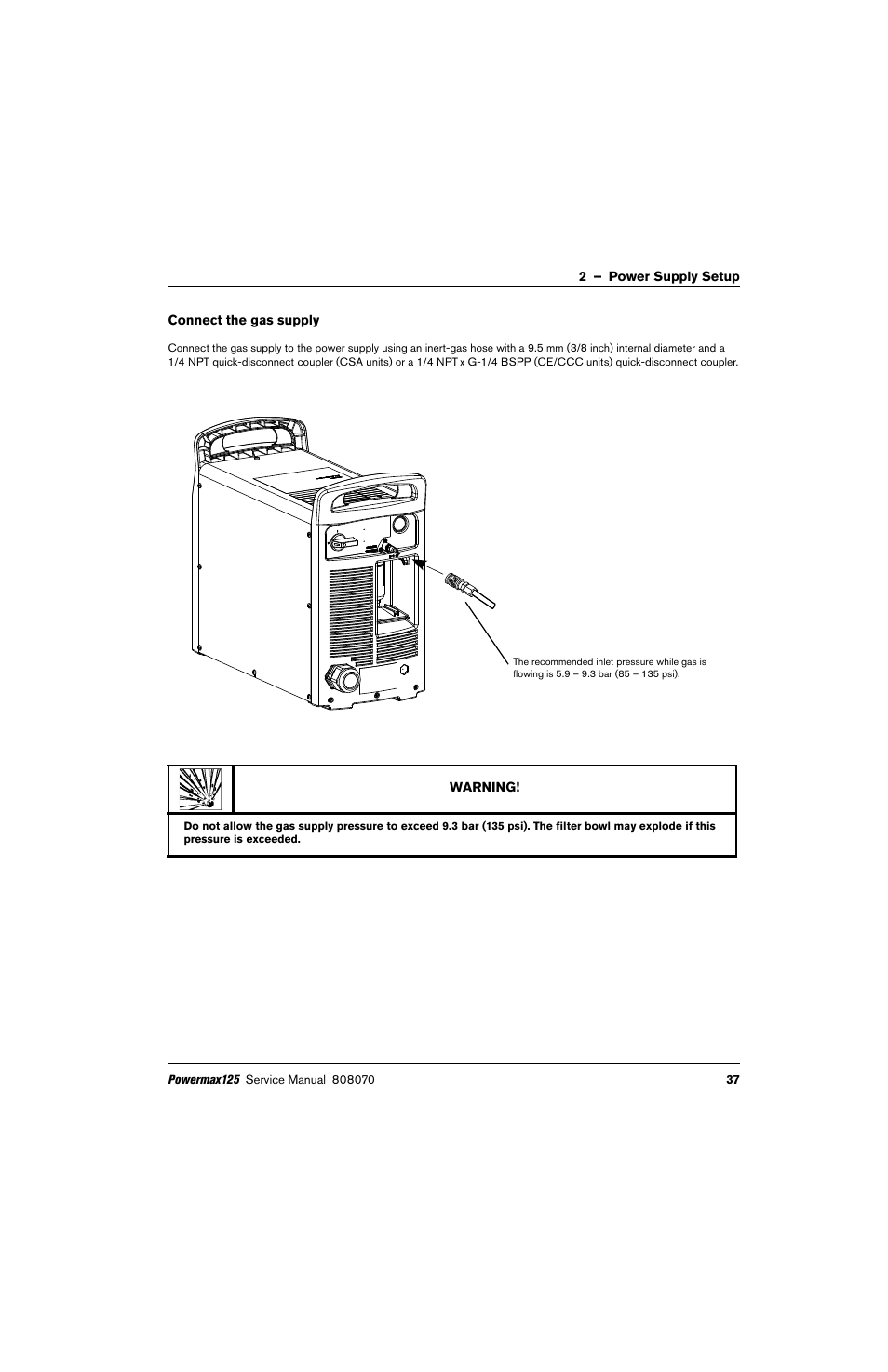 Connect the gas supply | Hypertherm Powermax125 Service Manua User Manual | Page 37 / 317
