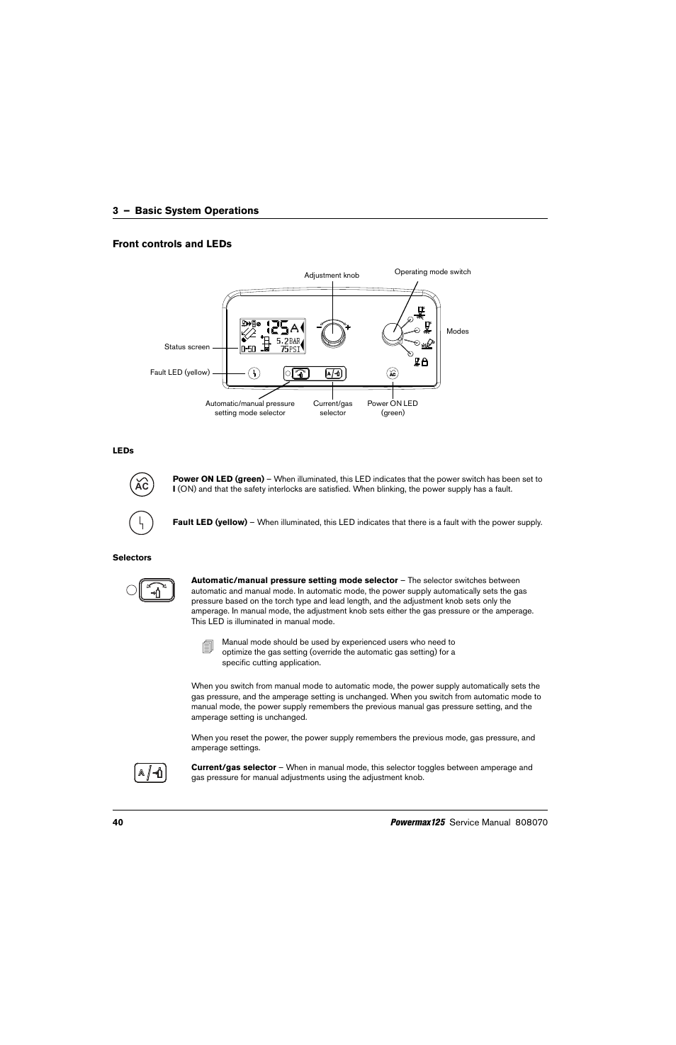 Front controls and leds, Leds, Selectors | Hypertherm Powermax125 Service Manua User Manual | Page 40 / 317