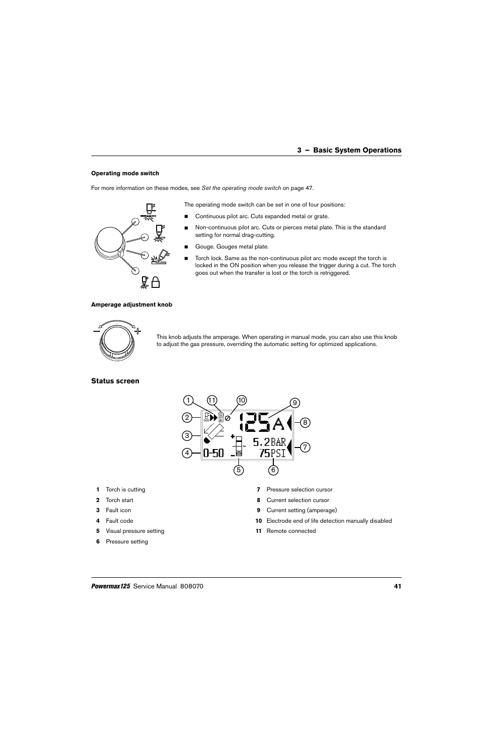 Operating mode switch, Amperage adjustment knob, Status screen | Hypertherm Powermax125 Service Manua User Manual | Page 41 / 317