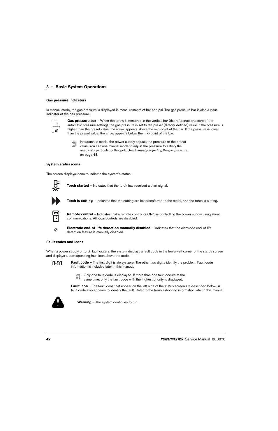 Gas pressure indicators, System status icons, Fault codes and icons | Hypertherm Powermax125 Service Manua User Manual | Page 42 / 317
