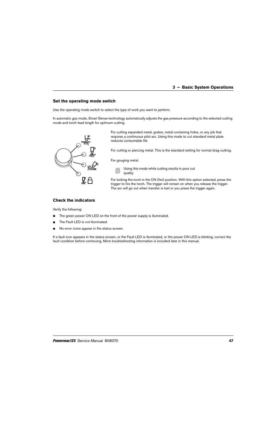 Set the operating mode switch, Check the indicators | Hypertherm Powermax125 Service Manua User Manual | Page 47 / 317