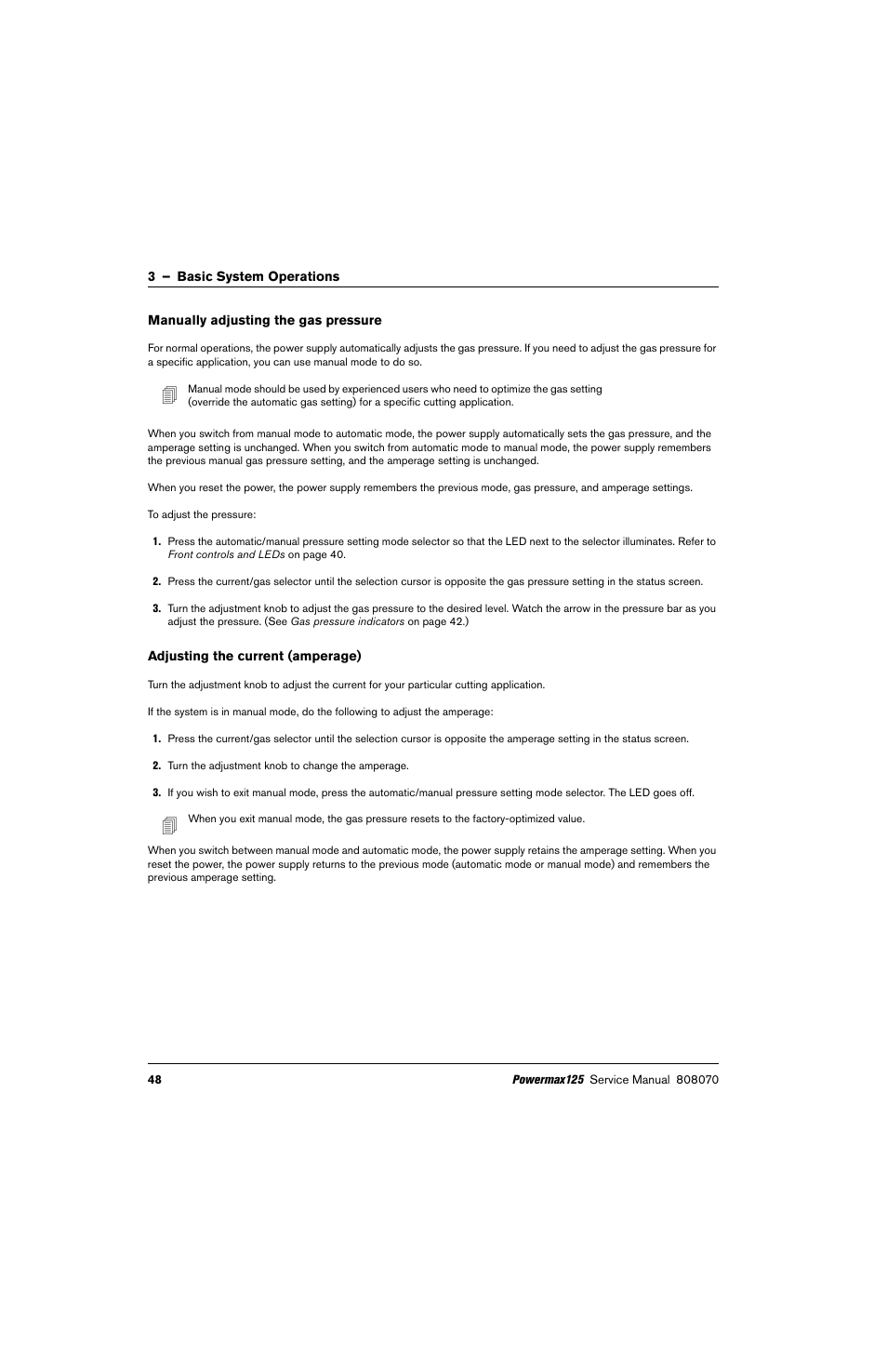 Manually adjusting the gas pressure, Adjusting the current (amperage) | Hypertherm Powermax125 Service Manua User Manual | Page 48 / 317
