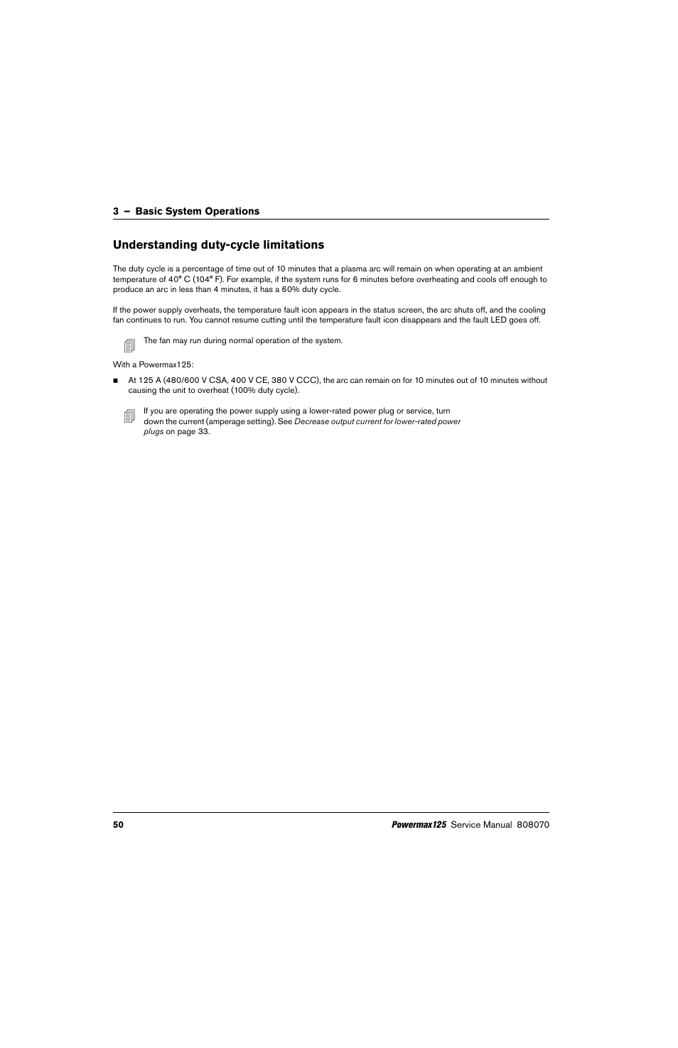 Understanding duty-cycle limitations | Hypertherm Powermax125 Service Manua User Manual | Page 50 / 317