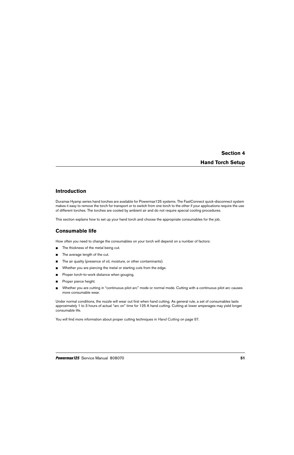 Hand torch setup, Introduction, Consumable life | Hypertherm Powermax125 Service Manua User Manual | Page 51 / 317