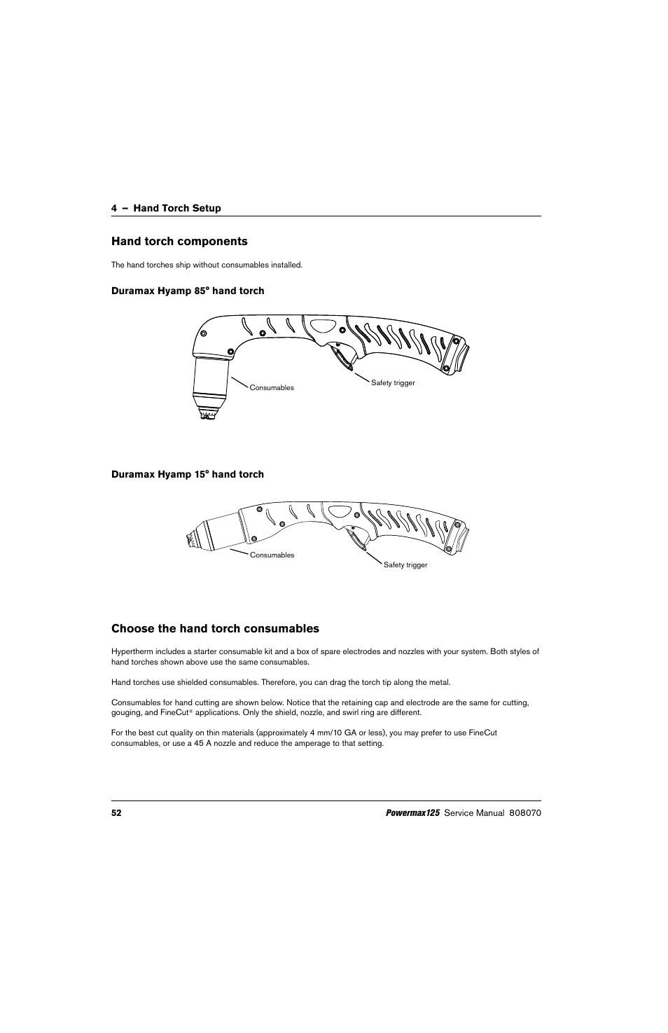 Hand torch components, Duramax hyamp 85° hand torch, Duramax hyamp 15° hand torch | Choose the hand torch consumables | Hypertherm Powermax125 Service Manua User Manual | Page 52 / 317