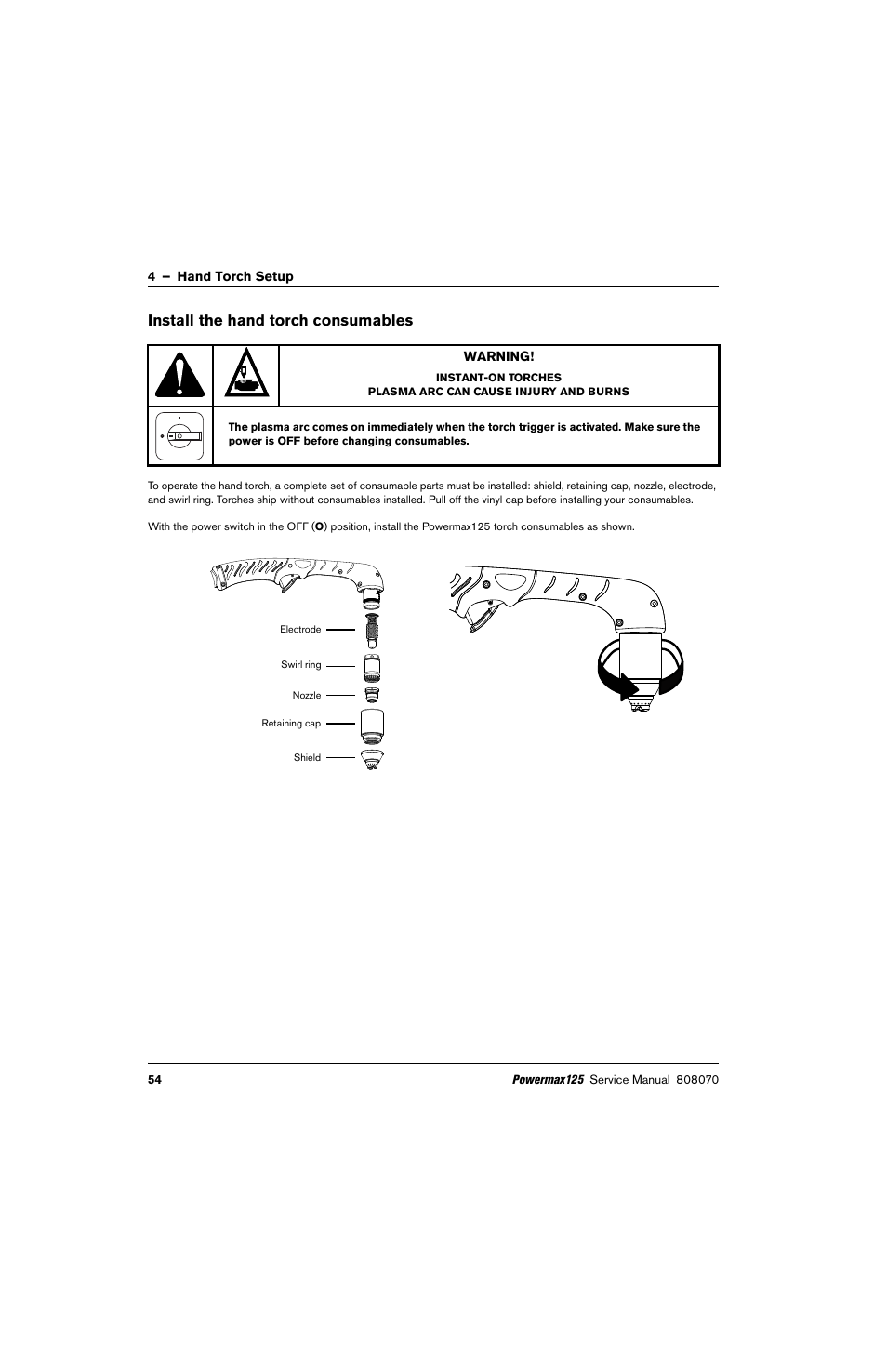 Install the hand torch consumables | Hypertherm Powermax125 Service Manua User Manual | Page 54 / 317