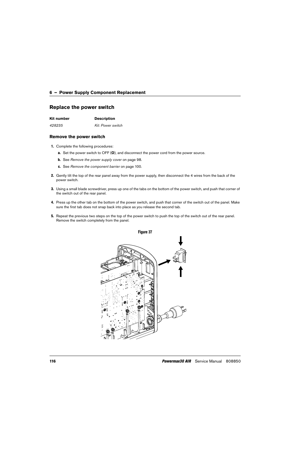 Replace the power switch, Replace the power | Hypertherm Powermax30 AIR Service Manual User Manual | Page 116 / 223