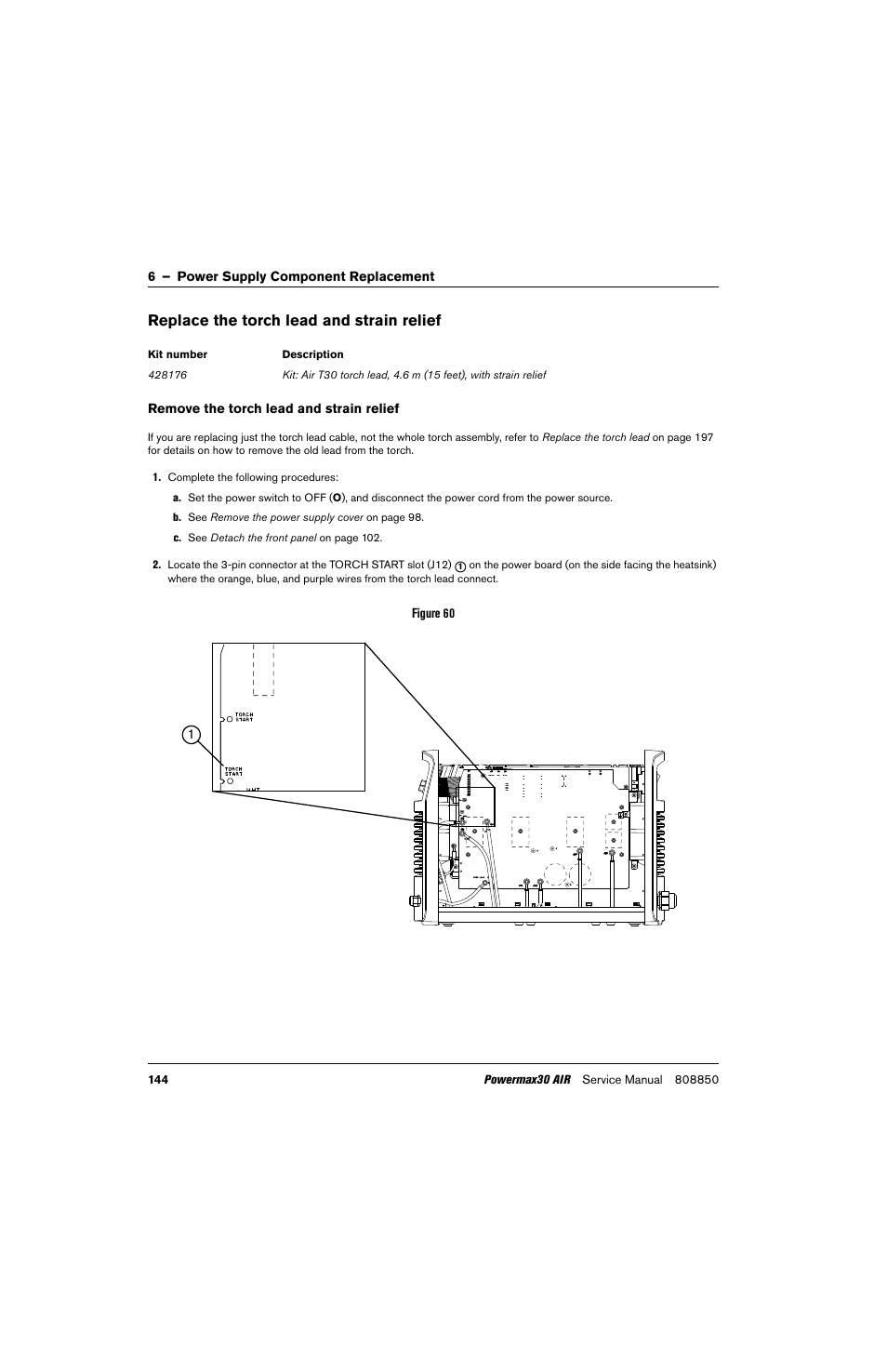 Replace the torch lead and strain relief, 6 – power supply component replacement, Remove the torch lead and strain relief | Figure 60, Torch start blk blk, Torch start 1 | Hypertherm Powermax30 AIR Service Manual User Manual | Page 144 / 223