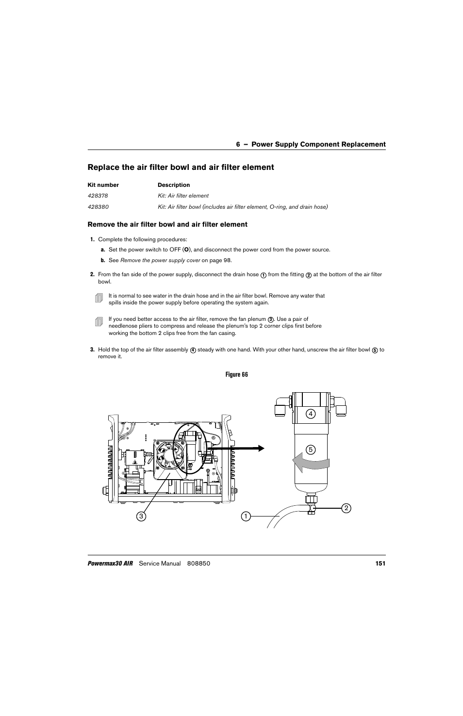 Replace the air filter bowl and air filter element, Replace the | Hypertherm Powermax30 AIR Service Manual User Manual | Page 151 / 223