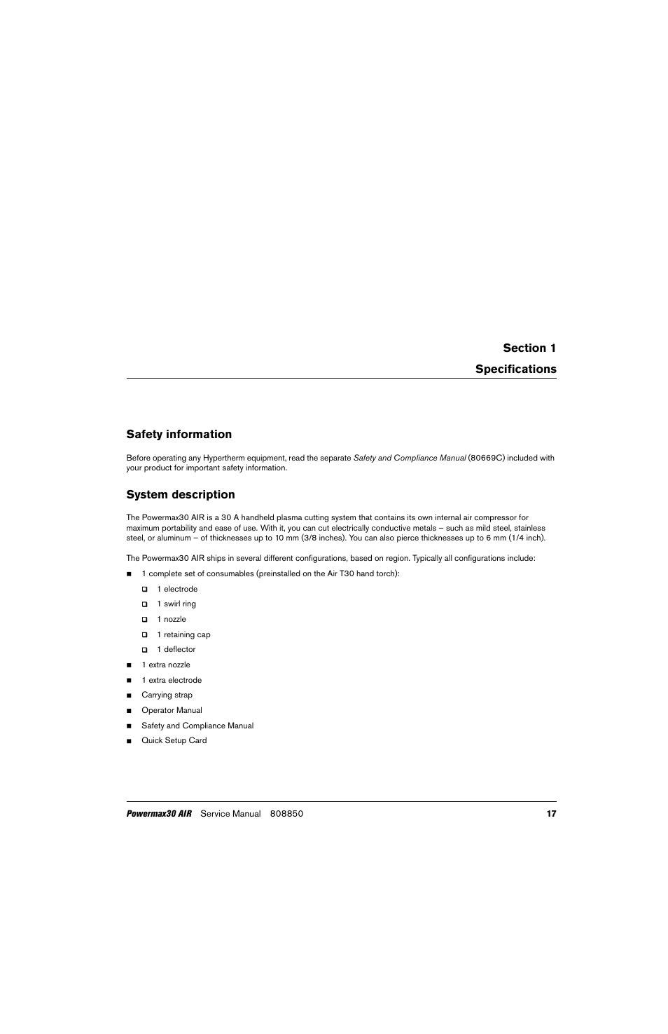 Specifications, Safety information, System description | Hypertherm Powermax30 AIR Service Manual User Manual | Page 17 / 223